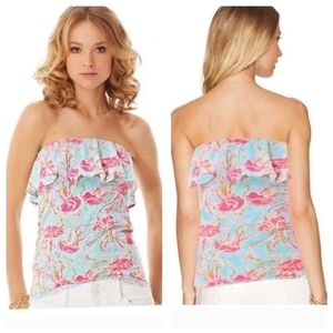 Lilly Pulitzer Jellies Be Jammin Strapless Ruffle Top XL Cottagecore Resort PERU